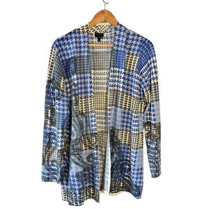 Talbots Pure Merino Wool Cardigan Blue Houndstooth Paisley Open Front Sweater L
